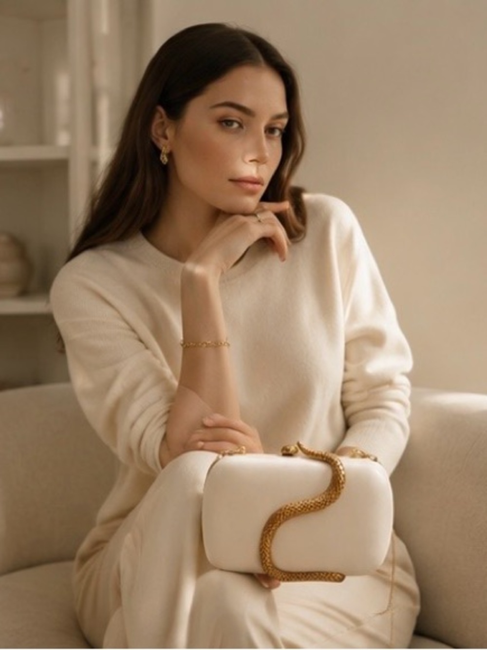 White Evening Clutch with Gold Snake Detail - Picture 5 of 6